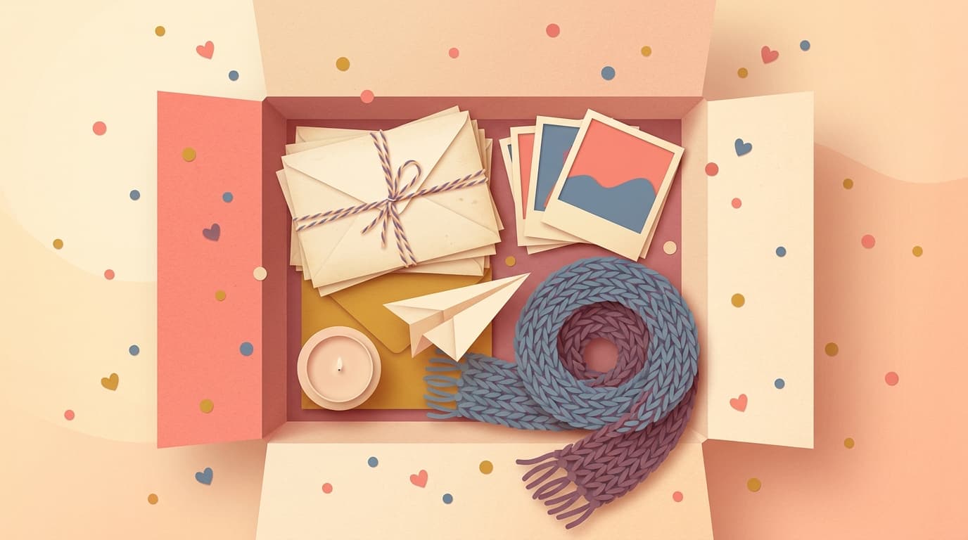An open care package with bundled letters, photos, a scarf and a candle