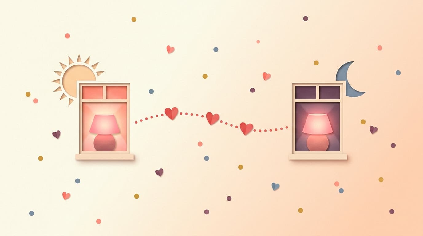 Two matching lamps glowing at the same time in two windows, one in daytime and one at night