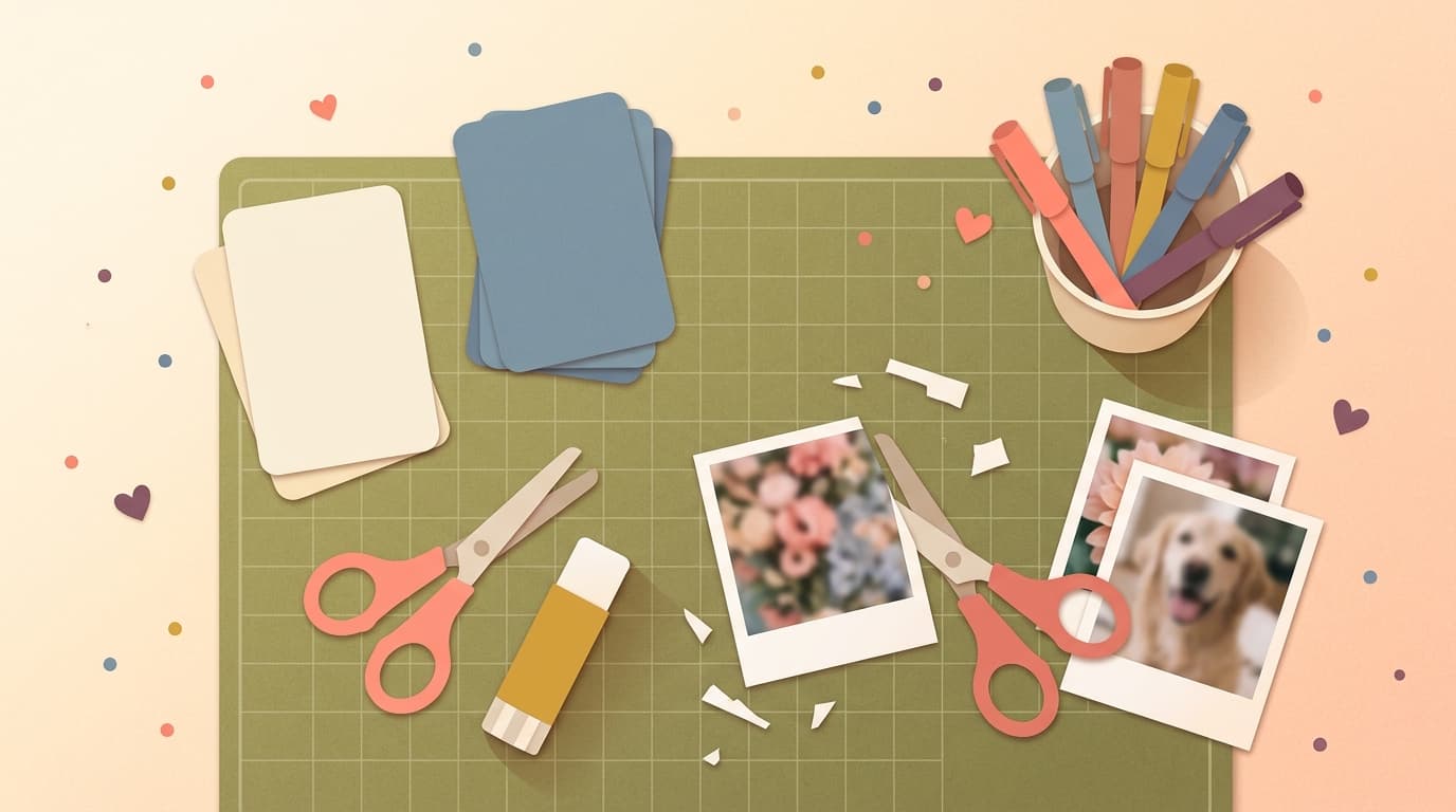 A crafting desk with blank playing cards, scissors, glue and printed photos