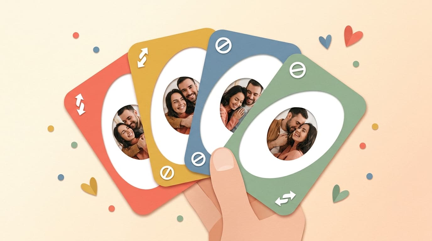 A fan of colourful Uno-style cards, each with a small photo of a smiling couple