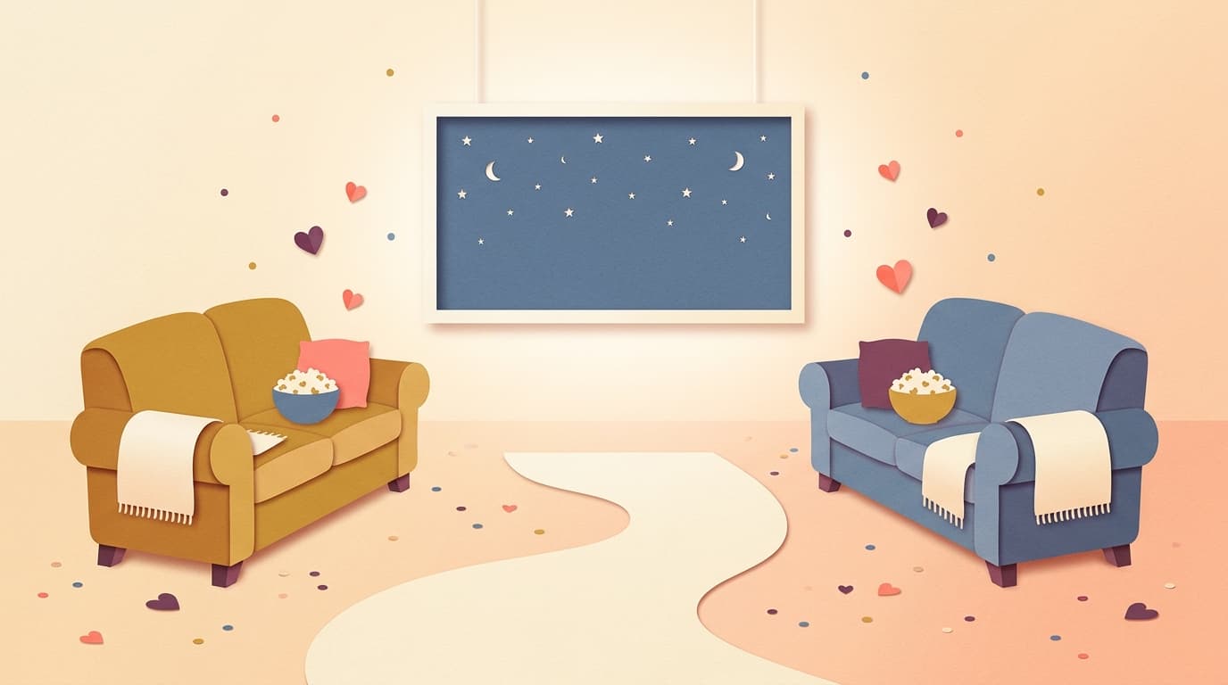 Two sofas far apart with popcorn and blankets, both facing one shared screen