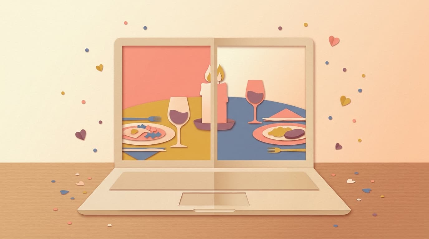 A laptop video call where the two halves of the screen form one candlelit dinner table
