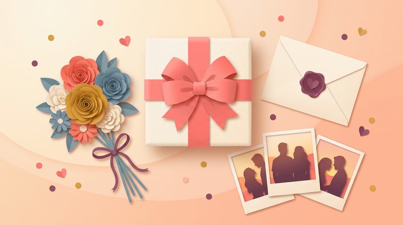 A wrapped gift with a coral ribbon, paper flowers, a sealed envelope and a few photos
