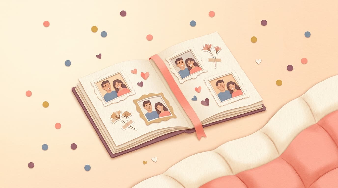 An open handmade photo book with pictures of a couple and pressed flowers between the pages