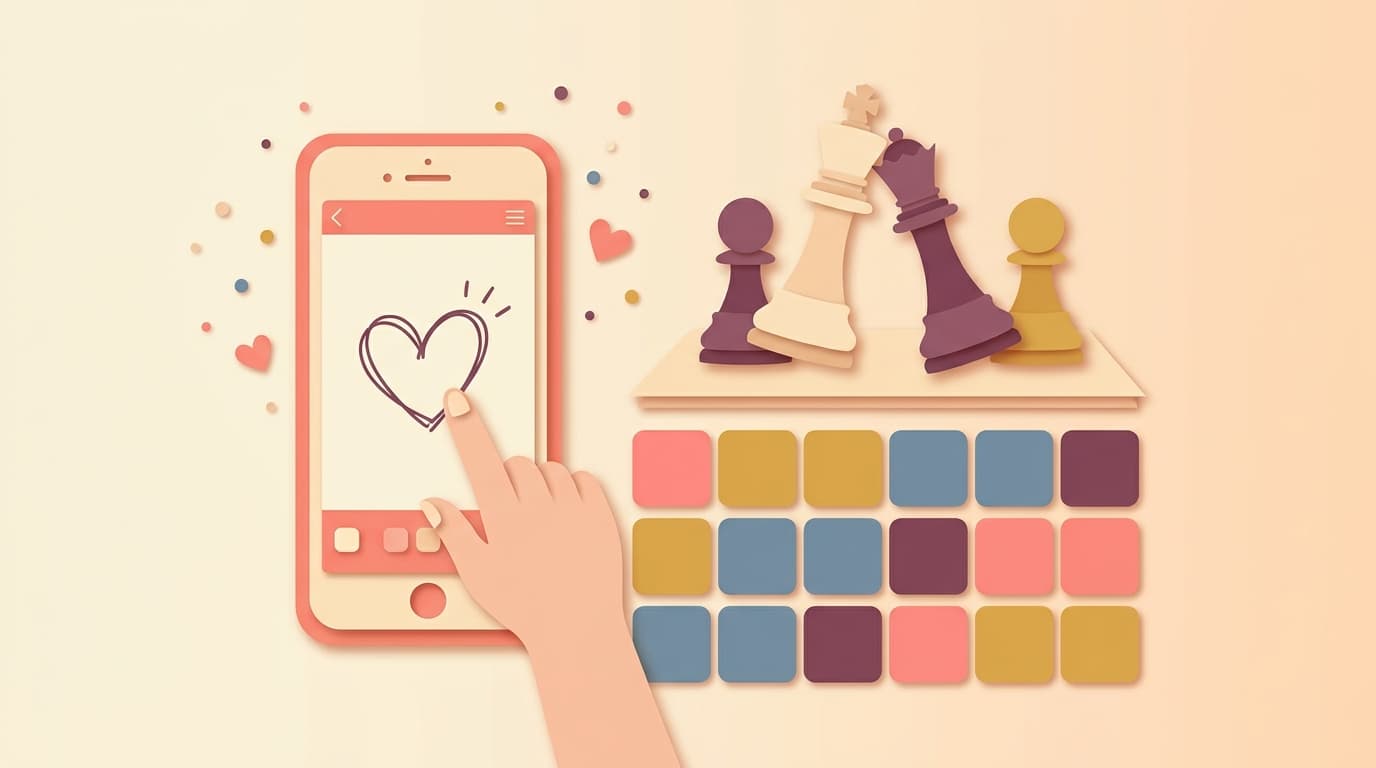 A phone with a doodle drawing game next to chess pieces, illustrating online games for couples