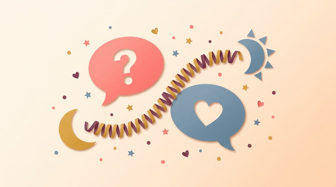 Speech bubbles with a question mark and a heart floating between a sun and a moon