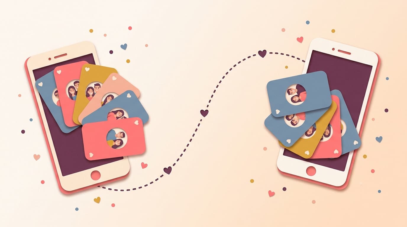 Two phones far apart, each showing a hand of photo cards, joined by a dotted line of hearts