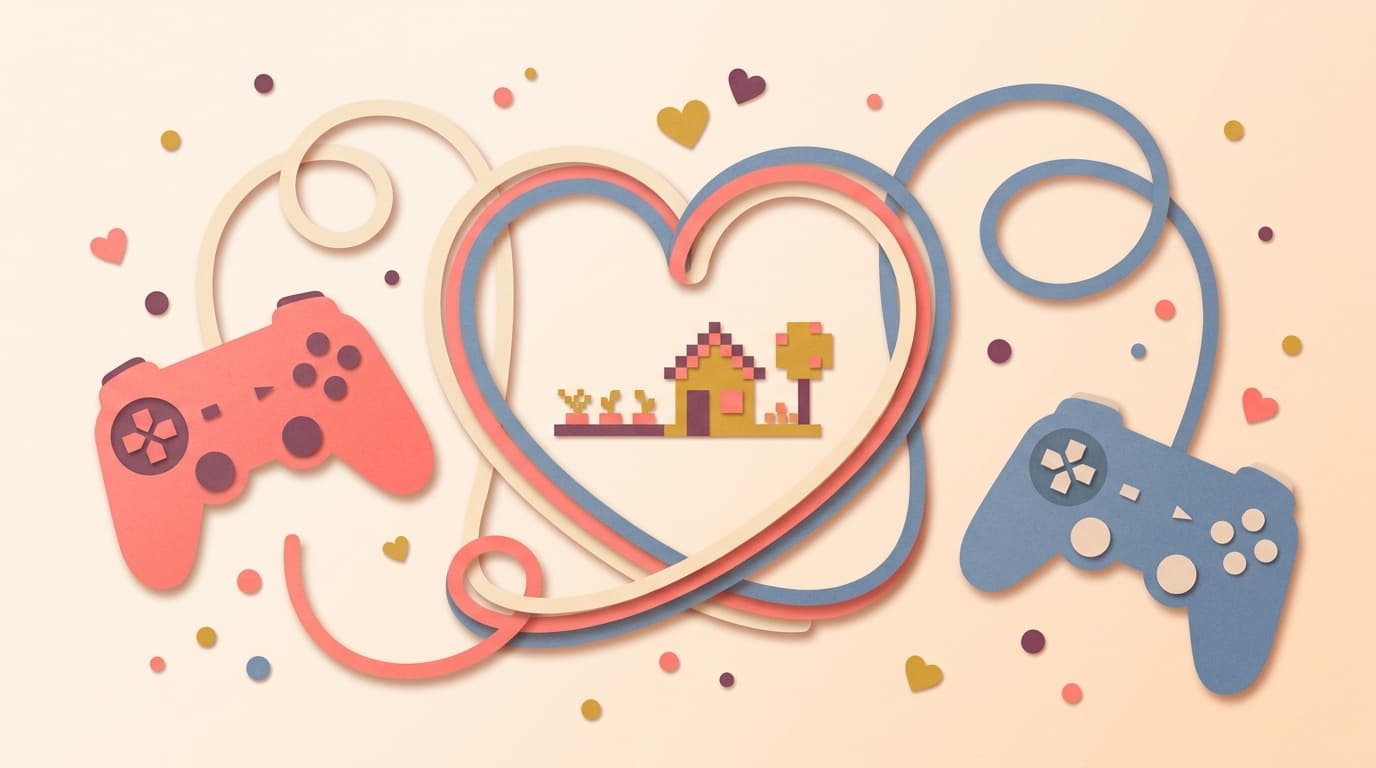 Two game controllers far apart with their cables forming a heart