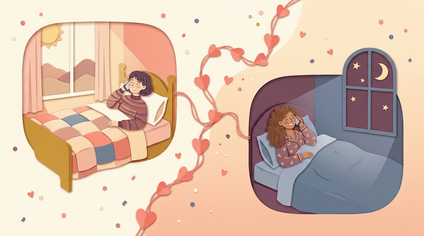 Two people on the phone in separate rooms, one in daylight and one at night, connected by a line of hearts