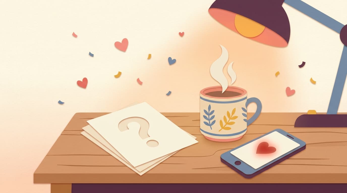 A stack of question cards next to a mug of tea and a phone with a heart on the screen